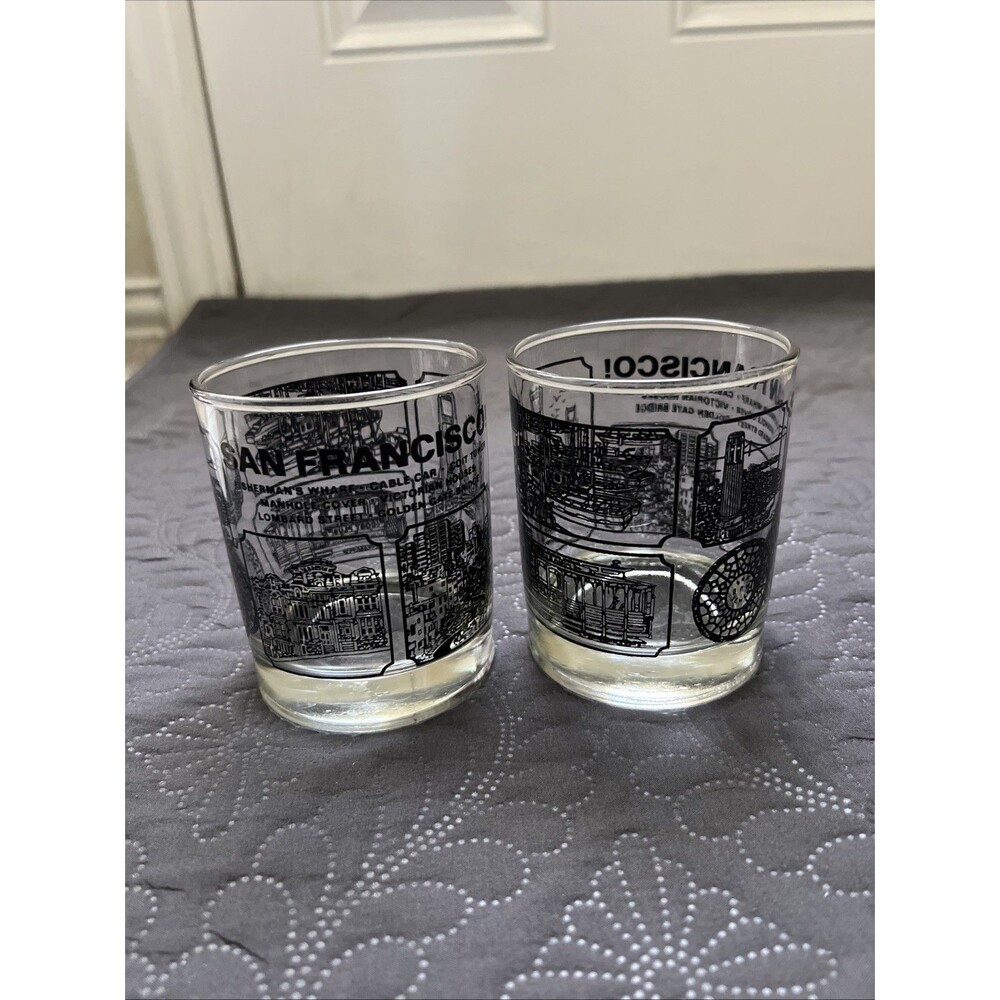 Vintage Libbey Lowball Rocks Whiskey Glasses San Francisco California Scenes 2pc